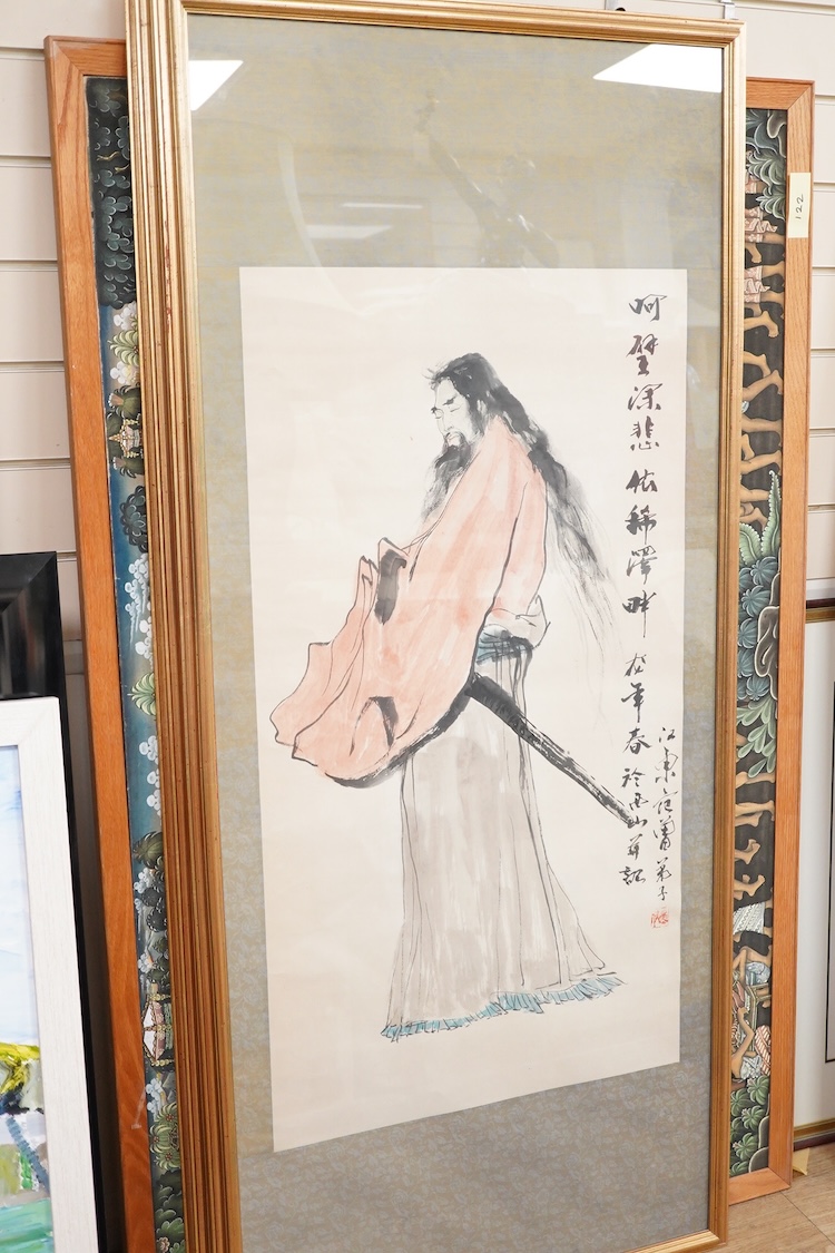 Contemporary, Japanese School, set of four figural scroll prints, with character and red seal marks, 94 x 51cm, framed